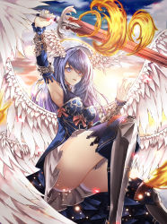 Rule 34 | 1girl, absurdres, ahoge, angel, angel wings, arm up, armor, armored boots, armpits, ass, bad id, bad pixiv id, blue eyes, blue hair, blue shirt, blue sky, boots, breasts, cloud, cup6542, day, detached sleeves, facial mark, feathered wings, fire, gauntlets, halo, hand up, head wings, highres, holding, holding sword, holding weapon, knee up, long hair, looking at viewer, magic, medium breasts, miniskirt, original, outdoors, parted lips, red ribbon, ribbon, shirt, skirt, sky, solo, star (symbol), sword, thighhighs, v-shaped eyebrows, weapon, white skirt, wings