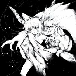 Rule 34 | 1boy, 1girl, bangle, black background, blush, bow, bracelet, chaotic-unknown, chaoticunknown, fangs, greyscale, hair bow, hair slicked back, hetero, horns, hug, hug from behind, ibuki suika, jewelry, large bow, long hair, monochrome, muscular, nude, pointy ears, sidelocks, smile, touhou, veins, zun