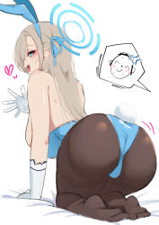 Rule 34 | 1girl, :d, absurdres, anger vein, animal ears, aqua leotard, arm support, doodle sensei (blue archive), ass, ass focus, ass shake, asuna (blue archive), asuna (bunny) (blue archive), backless leotard, bare shoulders, black pantyhose, blue archive, blue eyes, blue halo, blush, breasts, commentary, fake animal ears, fake tail, from behind, gloves, hair over one eye, hair ribbon, halo, heart, highres, kneeling, large breasts, leaning forward, leotard, light brown hair, long hair, looking at viewer, looking back, motion lines, nanohana (november.), no shoes, open hand, open mouth, pantyhose, playboy bunny, rabbit ears, rabbit tail, ribbon, sensei (blue archive), sideboob, sidelocks, simple background, smile, solo, strapless, strapless leotard, tail, teeth, upper teeth only, waving, white background, white gloves