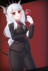 Rule 34 | 1girl, absurdres, alcohol, black background, black jacket, black necktie, black pants, blush, breasts, closed mouth, collared shirt, commentary, cup, curled horns, demon girl, demon horns, demon tail, drinking glass, english commentary, formal, gloves, hand up, helltaker, highres, holding, holding cup, horns, jacket, long hair, long sleeves, looking at viewer, lucifer (helltaker), medium breasts, mole, mole under eye, necktie, pants, red background, red shirt, shirt, smile, solo, stratosphere (coom1017), suit, tail, two-tone background, very long hair, white gloves, white hair, wine, wine glass