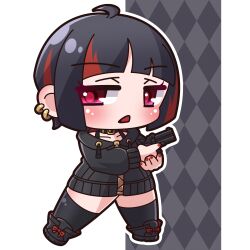 Rule 34 | 1girl, absurdres, ahoge, argyle, argyle background, black collar, black footwear, black hair, black jacket, black thighhighs, blush, boots, chibi, collar, collarbone, commentary request, full body, grey background, gun, handgun, highres, holding, holding gun, holding weapon, hood, hood down, hooded jacket, jacket, multicolored hair, original, outline, parted lips, purple eyes, red hair, saishosaisekojo, solo, standing, streaked hair, thighhighs, thighhighs under boots, triangle mouth, weapon, weapon request, white background, white outline