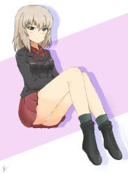 Rule 34 | 1girl, ankle boots, artist name, black footwear, black jacket, black socks, blue eyes, blush, boots, closed mouth, commentary, cross-laced footwear, dress shirt, full body, girls und panzer, half-closed eyes, invisible chair, itsumi erika, jacket, kuromorimine military uniform, lace-up boots, light frown, long sleeves, looking at viewer, ma-2 (konkon kitakitsune), medium hair, military, military uniform, miniskirt, panties, pantyshot, pleated skirt, red shirt, red skirt, shadow, shirt, signature, silver hair, sitting, skirt, socks, solo, underwear, uniform, white panties, wing collar