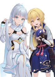 Rule 34 | 2girls, arm up, armor, ayaka (genshin impact), bare shoulders, blonde hair, blue eyes, blue hair, blunt bangs, breastplate, breasts, choker, cleavage, collarbone, commentary request, cosplay, costume switch, dress, floral print, genshin impact, gloves, hair ornament, hair ribbon, hakama, hakama skirt, hand fan, highres, holding, holding fan, japanese clothes, kamisato ayaka (cosplay), long hair, looking at viewer, lumine (genshin impact), lumine (genshin impact) (cosplay), medium breasts, mole, mole under eye, multiple girls, open mouth, partially fingerless gloves, ribbon, sidelocks, skirt, smile, snowflake print, thighhighs, white dress, white thighhighs, wide sleeves, yellow eyes, yu ri 0320