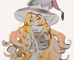 Rule 34 | 1girl, arms at sides, black hat, black vest, blonde hair, blush, buttons, closed mouth, dot mouth, hair between eyes, hat, highres, kirisame marisa, long hair, looking at viewer, puffy short sleeves, puffy sleeves, shirt, short sleeves, simple background, sobamushi mo, solo, touhou, upper body, very long hair, vest, wavy hair, white background, white shirt, witch hat, yellow eyes