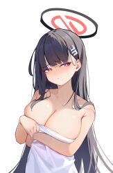 Rule 34 | 1girl, absurdres, black hair, blue archive, blue eyes, breasts, bright pupils, cleavage, closed mouth, collarbone, hair ornament, hairpin, halo, highres, large breasts, long hair, looking at viewer, naked towel, painterliuhao, red eyes, ringed eyes, rio (blue archive), simple background, solo, towel, white background, white pupils, white towel