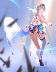 Rule 34 | 1girl, absurdres, armlet, ass, asymmetrical clothes, bad id, bad pixiv id, black panties, blue eyes, blush, bracelet, garter straps, high heels, highres, jewelry, looking back, open mouth, panties, rapa rachi, shoulder blades, silver hair, single thighhigh, solo, thighhighs, underwear, wreath