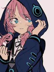 Rule 34 | 1girl, arknights, black ribbon, blue eyes, blue jacket, blue poison (arknights), blush, grey background, hands up, highres, hood, hood up, hooded jacket, jacket, long sleeves, looking at viewer, medium hair, neck ribbon, pink hair, rectangular pupils, ribbon, shirt, short twintails, simple background, solo, suspenders, tetuw, twintails, upper body, white shirt