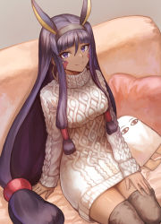 Rule 34 | 1girl, animal ears, aran sweater, breasts, brown thighhighs, cable knit, closed mouth, commentary request, couch, cushion, dark-skinned female, dark skin, earrings, facepaint, facial mark, fate/grand order, fate (series), hair tubes, hairband, highres, hoop earrings, jackal ears, jewelry, long hair, long sleeves, looking at viewer, low-tied long hair, mashuu (neko no oyashiro), medjed (fate), nitocris (fate), purple eyes, purple hair, sidelocks, signature, sitting, small breasts, smile, solo, sweater, thighhighs, thighs, turtleneck, turtleneck sweater, very long hair, white sweater