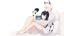 Rule 34 | 2girls, :o, animal ear fluff, animal ears, barefoot, black hair, blue eyes, breasts, cait aron, hagoromo yaya, hair between eyes, highres, kusubashi shiya, large breasts, leopard ears, leopard girl, leopard tail, melty connect, mouth hold, multiple girls, object on breast, parted lips, pillow, purple eyes, shirt, short hair, short sleeves, simple background, tail, virtual youtuber, white background, white hair, white shirt