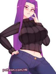 Rule 34 | 1girl, black sweater, blush, breasts, commentary, contrapposto, fate/stay night, fate (series), fingernails, hand on own hip, hand on own cheek, hand on own face, highres, large breasts, long fingernails, long hair, long sleeves, medusa (fate), medusa (rider) (fate), navel, pants, parted lips, purple eyes, purple hair, ribbed sweater, rtil, simple background, solo, sweater, turtleneck, turtleneck sweater, very long hair, white background