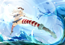 Rule 34 | 10s, 1girl, ass, bad id, bad pixiv id, black panties, brown eyes, elbow gloves, gloves, high heels, kantai collection, navel, panties, pleated skirt, shimakaze (kancolle), skirt, solo, striped clothes, striped thighhighs, thighhighs, underwear, white gloves, white hair, yamaioni (sasakama)