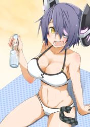 Rule 34 | 10s, 1girl, b-man, bare shoulders, bikini, blush, bottle, breasts, checkered clothes, checkered necktie, checkered neckwear, cleavage, eyepatch, gradient background, headgear, heart, heart background, kantai collection, looking at viewer, navel, necktie, open mouth, purple hair, ramune, short hair, sitting, solo, swimsuit, tenryuu (kancolle), yellow eyes