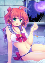 Rule 34 | 1girl, ahoge, alice wishheart, alternate hairstyle, arm support, bed, bishoujo senshi sailor moon, blue panties, blue sailor collar, blush, bow, bra, breasts, brooch, choker, cleavage, cosplay, double bun, earrings, fang, full moon, green eyes, hair bun, jewelry, large breasts, looking at viewer, magical halloween, moon, navel, night, open mouth, panties, pillow, pink hair, red bow, ribbon, sailor collar, sailor moon, sailor moon (cosplay), sailor moon narikiri bra set, shiny skin, short hair, smile, solo, star (symbol), star earrings, stomach, tokinon, underwear, underwear only, window