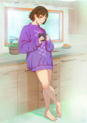Rule 34 | 1girl, bare legs, barefoot, braid, brown hair, crossed legs, crown braid, cup, flower, food, fruit, full body, hands up, highres, holding, holding cup, indoors, justin leyva (steamy tomato), kitchen, leaning back, light smile, lips, long sleeves, looking at viewer, niijima makoto, no pants, orange (fruit), parted lips, persona, persona 5, plate, purple sweater, red eyes, short hair, sleeves past wrists, solo, standing, standing on one leg, sweater, thighs, toenails, toes, window