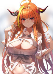 Rule 34 | 1girl, ahoge, ashisi, bad id, bad pixiv id, blonde hair, bottomless, bow, breasts, cleavage, cleavage cutout, clothing cutout, dragon girl, dragon horns, dragon tail, fang, fangs, hair ornament, hairband, highres, hololive, horn bow, horn ornament, horns, kiryu coco, large breasts, long hair, long sleeves, looking at viewer, multicolored hair, navel, orange hair, out-of-frame censoring, pointer, pointy ears, red eyes, skin fang, smile, solo, streaked hair, tail, very long hair, virtual youtuber