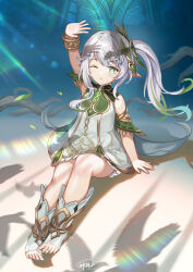 Rule 34 | 1girl, arm up, blush, bracelet, commentary request, cross-shaped pupils, dated, detached sleeves, dress, full body, genshin impact, god hunter, gold trim, gradient hair, green eyes, green hair, green sleeves, hair intakes, hair ornament, highres, jewelry, leaf hair ornament, long hair, multicolored hair, nahida (genshin impact), one eye closed, open mouth, pointy ears, short sleeves, side ponytail, sidelocks, sitting, sleeveless, sleeveless dress, solo, stirrup footwear, symbol-shaped pupils, toeless footwear, toes, white dress, white footwear, white hair