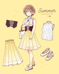 Rule 34 | 1girl, bag, bare arms, bare shoulders, blush, braid, breasts, brown eyes, brown hair, closed mouth, english text, eyes visible through hair, flower, full body, hair flower, hair ornament, hair over one eye, highres, looking at viewer, original, pleated skirt, ribbed shirt, romaji text, sakura oriko, see-through, shirt, shoes, short hair, skirt, sleeveless, sleeveless shirt, small breasts, smile, solo, standing, sunflower, sunflower hair ornament, translation request, underbust, white footwear, white shirt, yellow flower, yellow skirt