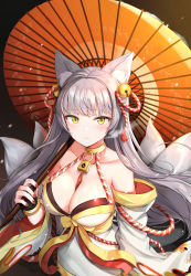 Rule 34 | 1girl, animal ear fluff, animal ears, bangle, bare shoulders, bell, between breasts, black gloves, blush, bracelet, breasts, cat ears, closed mouth, collarbone, detached sleeves, fingerless gloves, fox ears, fox girl, fox tail, gloves, grey hair, hair bell, hair ornament, highres, holding, holding umbrella, houchi shoujo, japanese clothes, jewelry, jingle bell, kimono, large breasts, lock, long hair, long sleeves, looking at viewer, luzzi (milllim), multiple tails, nail polish, neck ring, nontraditional miko, oil-paper umbrella, padlock, red nails, rope, sash, snowing, solo, tail, tamamo no mae (houchi shoujo), umbrella, white kimono, yellow eyes