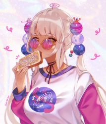 Rule 34 | 1girl, 2nii, alternate costume, black choker, bread slice, breasts, choker, commentary, dark-skinned female, dark skin, eating, english commentary, fingernails, food, food in mouth, hair bobbles, hair ornament, hololive, hololive english, large breasts, limiter (tsukumo sana), logo, long hair, long sleeves, looking at viewer, mouth hold, nail polish, pink-tinted eyewear, pink-tinted glasses, pink nails, planet hair ornament, purple-tinted eyewear, purple-tinted glasses, raglan sleeves, ribbon choker, round eyewear, sidelocks, signature, silver hair, solo, sunglasses, tinted eyewear, toast, toast in mouth, tsukumo sana, twintails, upper body, very long hair, virtual youtuber, yellow eyes