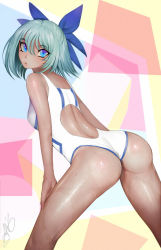 Rule 34 | 1girl, artist request, ass, back, bare shoulders, blue eyes, competition swimsuit, from behind, hair ribbon, keijo!!!!!!!!, looking at viewer, miyata sayaka, one-piece swimsuit, ribbon, short hair, silver hair, solo, swimsuit, wedgie, wet, white one-piece swimsuit