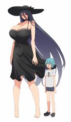 Rule 34 | 1boy, 1girl, age difference, bare shoulders, barefoot, black dress, blue eyes, blue hair, blush, breasts, character request, chestnut mouth, cleavage, dot nose, dress, expressionless, feet, full body, hair between eyes, half-closed eyes, hasshaku-sama, hat, highres, huge breasts, kloah, long hair, looking at another, matching hair/eyes, open mouth, purple eyes, red eyes, shorts, simple background, size difference, standing, toes, very long hair, white background