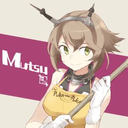Rule 34 | 10s, 1girl, bad id, bad twitter id, blush, breasts, brown hair, character name, cleavage, clothes writing, gloves, green eyes, headgear, kantai collection, large breasts, mutsu (kancolle), puka puka, shigino sohuzi, short hair, smile, solo, upper body, white gloves