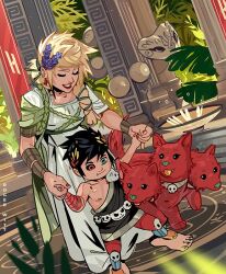 Rule 34 | 1boy, 1girl, aged down, ancient greek clothes, artist name, barefoot, black hair, black sclera, blonde hair, cerberus (hades), child, closed eyes, colored sclera, dog, dress, earrings, facing another, flower, greco-roman clothes, green eyes, grin, hades (series), hades 1, heterochromia, holding hands, jewelry, laurel crown, lavender (flower), mature female, mismatched sclera, mother and son, multiple heads, persephone (hades), pillar, plant, plant on head, ponytail, red eyes, red lips, red nails, rogerwitt, short sleeves, single bare shoulder, skull, skull belt, smile, standing on another&#039;s feet, toes, white dress, zagreus (hades)
