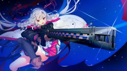Rule 34 | 1girl, boots, braid, fake horns, female focus, floating hair, frills, game cg, gun, holding, holding weapon, horns, jacket, legs, long hair, looking at viewer, open clothes, open jacket, open mouth, original, pero, re:d cherish, red eyes, simple background, single thighhigh, skirt, solo, thighhighs, thighs, twin braids, unica la-speranza, weapon, white hair
