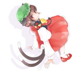 Rule 34 | 1girl, animal, animal ears, animal on shoulder, bonnet, bow, bowtie, brown hair, cat ears, cat tail, chen, colored sclera, creatures (company), dress, dutch angle, full body, game freak, gen 7 pokemon, green hat, hat, juliet sleeves, litten, long sleeves, looking at viewer, looking back, mary janes, mob cap, multiple tails, nintendo, orange eyes, pokemon, pokemon (creature), puffy sleeves, red dress, red footwear, ringo tou hachimitsu, shadow, shoes, smile, tail, touhou, two tails, white background, white legwear, yellow bow, yellow bowtie, yellow sclera
