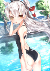 Rule 34 | 10s, 1girl, amatsukaze (kancolle), arena (company), ass, bad id, bad pixiv id, black one-piece swimsuit, chain-link fence, chestnut mouth, competition swimsuit, cowboy shot, dutch angle, fence, from behind, hair tubes, hat, highres, kanju, kantai collection, long hair, looking at viewer, one-piece swimsuit, pool, silver hair, solo, swimsuit, tree, two side up