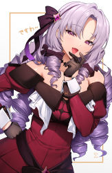 Rule 34 | 1girl, absurdres, black gloves, black hairband, claw ring, collarbone, dress, drill hair, fang, gloves, hair ornament, hair ribbon, hairband, highres, hyakumantenbara salome, juliet sleeves, light purple hair, long hair, long sleeves, looking at viewer, nijisanji, off-shoulder dress, off shoulder, open mouth, parted bangs, puffy sleeves, purple eyes, red dress, ribbon, sigma 2018, skin fang, smile, solo, virtual youtuber