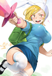 Rule 34 | absurdres, adventure time: fionna and cake, backpack, bag, blonde hair, blue shirt, blue skirt, breasts, cake (adventure time: fionna and cake), fionna campbell, green bag, highres, holding, holding sword, holding weapon, kneehighs, large breasts, no panties, odyssey 21, shirt, short sleeves, skirt, socks, sword, weapon