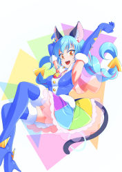Rule 34 | 1girl, :d, animal ear fluff, animal ears, arm up, armpits, blue footwear, blue gloves, blue hair, blush, boots, braid, brown eyes, cat ears, cat tail, cure cosmo, elbow gloves, full body, gloves, highres, long hair, looking at viewer, magical girl, multicolored background, multicolored clothes, multicolored skirt, open mouth, precure, shiruppo, skirt, smile, solo, star twinkle precure, tail, thigh boots, thighhighs, twin braids, yuni (precure), zettai ryouiki