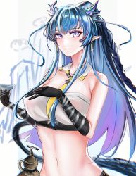 Rule 34 | 1girl, absurdres, arknights, bandeau, bare shoulders, black gloves, blue hair, braid, breasts, commentary request, detached collar, earrings, eyeshadow, gloves, gradient hair, highres, holding, horns, jewelry, large breasts, ling (arknights), long hair, looking at viewer, makeup, midriff, minuolin, multicolored hair, navel, necktie, pointy ears, purple eyes, purple hair, solo, stomach, strapless, tail, tube top, upper body, very long hair, white background, yellow necktie
