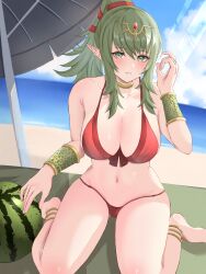 Rule 34 | 1girl, absurdres, adjusting hair, anklet, beach, beach umbrella, bikini, bracelet, breasts, fire emblem, fire emblem awakening, fire emblem heroes, gold choker, green eyes, green hair, hair ribbon, high ponytail, highres, jewelry, large breasts, looking at viewer, nintendo, official alternate costume, outdoors, parted lips, peli cantaro, pointy ears, ponytail, red bikini, red ribbon, ribbon, seiza, sitting, smile, solo, swimsuit, teeth, tiara, tiki (adult) (fire emblem), tiki (adult) (summer) (fire emblem), tiki (fire emblem), umbrella, watermark