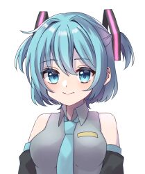 Rule 34 | 1girl, alternate hairstyle, bare shoulders, blue eyes, blue necktie, blush, breast pocket, breasts, collared shirt, detached sleeves, grey shirt, hatsune miku, highres, medium breasts, melonball, necktie, pocket, shirt, short hair, short twintails, smile, solo, twintails, vocaloid, white background