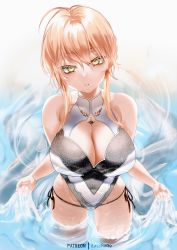 Rule 34 | 1girl, artist name, artoria pendragon (fate), artoria pendragon (lancer alter) (fate), artoria pendragon (swimsuit ruler) (second ascension) (fate), black one-piece swimsuit, blonde hair, breasts, cleavage, cleavage cutout, clothing cutout, covered navel, fate/grand order, fate (series), from above, hair between eyes, highres, jewelry, large breasts, looking at viewer, necklace, one-piece swimsuit, parted lips, side-tie swimsuit, solo, swimsuit, two-tone swimsuit, wading, water, wet, white one-piece swimsuit, yellow eyes, zasshu