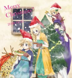 Rule 34 | 2boys, 2girls, age difference, antlers, bad id, bad pixiv id, bianca (dq5), blonde hair, blue eyes, borongo, braid, brother and sister, cape, carrying, child, christmas, christmas tree, dragon quest, dragon quest v, earrings, family, father and daughter, father and son, food, hair over shoulder, happy, hat, hero&#039;s daughter (dq5), hero&#039;s son (dq5), hero (dq5), horns, jewelry, long hair, mittens, mother and daughter, mother and son, multiple boys, multiple girls, okra boom, santa hat, short hair, shoulder carry, siblings, single braid, smile, tree, turban, twins