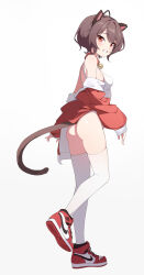 Rule 34 | 1girl, air jordan 1, animal collar, animal ear hairband, animal ears, ass, bell, brown hair, brown tail, cat ear hairband, cat ears, cat tail, collar, fake animal ears, from side, grin, hairband, highres, jacket, jingle bell, looking at viewer, looking back, looking to the side, mole, mole under eye, neck bell, nike (company), off shoulder, one-piece swimsuit, original, prunechi, red collar, red eyes, red footwear, red jacket, short hair, simple background, sleeves past wrists, smile, standing, standing on one leg, swimsuit, tail, thighhighs, walking, white background, white one-piece swimsuit, white thighhighs, yozisang