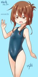 Rule 34 | 10s, 1girl, artist name, bad anatomy, bad proportions, brown eyes, brown hair, character name, covered navel, dated, folded ponytail, groin, gurande (g-size), highleg, highleg swimsuit, highres, inazuma (kancolle), kantai collection, long hair, one-piece swimsuit, open mouth, poorly drawn, simple background, smile, solo, standing, swimsuit, waving