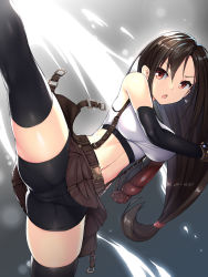 Rule 34 | 1girl, :o, ass, bike shorts, black hair, black shorts, black thighhighs, blush, breasts, brown skirt, commentary request, earrings, final fantasy, final fantasy vii, final fantasy vii remake, gradient background, grey background, high kick, highres, jewelry, kicking, large breasts, legs, long hair, low-tied long hair, midriff, miniskirt, navel, ochinsama, open mouth, red eyes, short shorts, shorts, skirt, solo, standing, standing on one leg, suspenders, tank top, thighhighs, thighs, tifa lockhart, white tank top