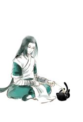 Rule 34 | 2boys, absurdres, black cat, black hair, cat, full body, highres, holding, long hair, luo xiaohei, luo xiaohei (cat), luo xiaohei zhanji, menghuifanjing, multiple boys, short sleeves, simple background, sitting, very long hair, white background, wuxian (the legend of luoxiaohei)