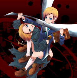 Rule 34 | 2boys, :d, blazer, blonde hair, blood, blood splatter, blue eyes, book, brothers, buckle, clock, clock tower, clock tower (series), clock tower 2, dan barrows, edward (clock tower), edward barrows, hedge clippers, holding, holding book, holding hands, holding weapon, inumaru akagi, jacket, kneehighs, light smile, loafers, looking at viewer, male focus, mask, mask on head, multiple boys, necktie, open mouth, outstretched arm, robert barrows, roman numeral, school uniform, scissorman, shoes, shorts, siblings, sitting, smile, socks, swept bangs, torn clothes, tower, twins, weapon, white legwear