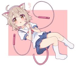Rule 34 | 1girl, :o, ahoge, animal ear fluff, animal ears, blue skirt, blush, bound, bound wrists, brown eyes, cat ears, cat girl, cat tail, commentary, fake animal ears, full body, hair between eyes, hairband, hands up, jigatei (omijin), jump rope, kneehighs, konomori kanon, light brown hair, no shoes, parted lips, pink background, pleated skirt, puffy short sleeves, puffy sleeves, purple hairband, sailor collar, school uniform, serafuku, shirt, short sleeves, skirt, socks, solo, symbol-only commentary, tail, translation request, two-tone background, watashi ni tenshi ga maiorita!, white background, white sailor collar, white shirt, white socks