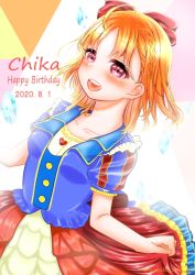 Rule 34 | 1girl, artist name, artist request, blue dress, blush, bow, braid, breasts, collarbone, crown braid, dress, female focus, frilled dress, frills, hair bow, heart, heart print, holding, holding clothes, holding skirt, looking at viewer, love live!, love live! school idol festival, love live! sunshine!!, nozoeli 1021, one more sunshine story, orange hair, parted lips, puffy short sleeves, puffy sleeves, red bow, red eyes, red skirt, short hair, short sleeves, skirt, small breasts, smile, solo, takami chika, white skirt