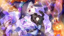 Rule 34 | 1girl, back bow, bat (animal), black gloves, black hat, blue bow, bow, breasts, closed mouth, concert, dot nose, dutch angle, elbow gloves, film grain, fishnets, flower, from side, game cg, gloves, grey hair, halloween, hand up, hat, holding, holding microphone, ichijou ruka, idol, idol clothes, index finger raised, izumi tsubasu, jack-o&#039;-lantern, lantern, large bow, leaf, lens flare, looking at viewer, microphone, non-web source, official art, plant, purple eyes, purple flower, purple leaves, purple rose, re:stage!, rose, screen, sequins, short hair with long locks, small breasts, smile, solo, sparkle, stage, thorns, tombstone, tree, vines