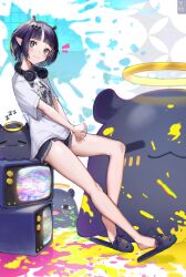 Rule 34 | 1girl, :3, artist name, black footwear, black shorts, blue eyes, blunt bangs, blush, bob cut, breasts, closed eyes, closed mouth, commentary, eyelashes, fang, full body, hair ornament, halo, headphones, headphones around neck, highres, hololive, hololive english, looking at viewer, looking to the side, mole, mole under eye, ninomae ina&#039;nis, ninomae ina&#039;nis (loungewear), notice lines, official alternate costume, open mouth, paint, paint splatter, parted bangs, pointy ears, print shirt, purple hair, shirt, short hair, short shorts, short sleeves, shorts, sidelocks, sleeping, slippers, small breasts, smile, t-shirt, takodachi (ninomae ina&#039;nis), television, tenchi mayo, virtual youtuber, white background, white shirt, zzz