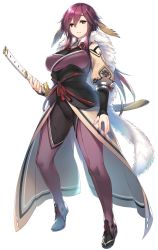 Rule 34 | 1girl, animal ears, aquaplus, breasts, closed mouth, female focus, from below, full body, hair between eyes, highres, holding, holding sword, holding weapon, katana, kawata hisashi, knee up, large breasts, long hair, long legs, looking at viewer, looking down, official art, purple eyes, purple hair, sheath, sheathed, sidelocks, solo, standing, sword, thighs, transparent background, unkei (utawarerumono), utawarerumono, utawarerumono: lost flag, weapon