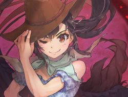 Rule 34 | 1girl, ;), adjusting clothes, adjusting headwear, bandana, bare shoulders, black hair, black wings, blue shirt, brown eyes, brown hat, commentary request, cowboy hat, feathered wings, hand up, hat, kurokoma saki, long hair, looking at viewer, off-shoulder shirt, off shoulder, one eye closed, shirt, short sleeves, smile, solo, syuri22, touhou, upper body, wings