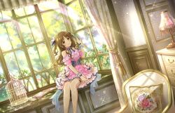 Rule 34 | 1girl, birdcage, brown eyes, brown hair, cage, center frills, chair, choker, corset, desk lamp, dress, frills, game cg, gloves, idolmaster, idolmaster cinderella girls, idolmaster cinderella girls starlight stage, lamp, official art, pillow, pink dress, sitting, solo, sparkle, takamori aiko, thighhighs, twintails, white gloves, white thighhighs, window